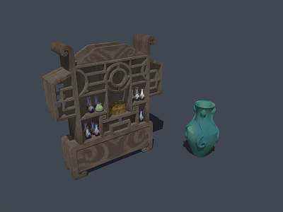 Traditional Chinese Curio Cabinet With Carved Design Holding Antique Vases And Green Ceramic Vase 3d model