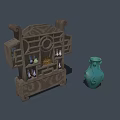 Traditional Chinese Curio Cabinet With Carved Design Holding Antique Vases And Green Ceramic Vase