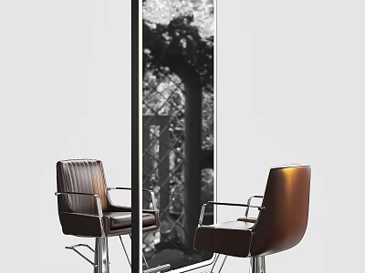 Brown Leather Chairs With Metal Frames And Large Mirror Reflecting Trees And Vines 3d model