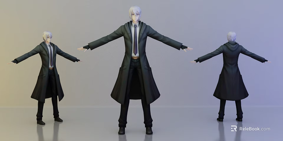 Silver Haired Character With Black Long Coat White Shirt Open Arms Pose Multiple Angles View 3d model 