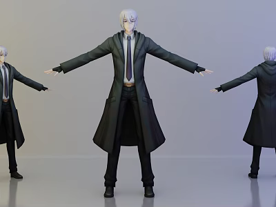 Silver Haired Character With Black Long Coat White Shirt Open Arms Pose Multiple Angles View 3d model