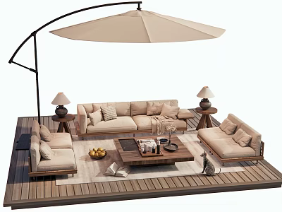 Outdoor Sofa on Wooden Deck with Sunshade Umbrella Coffee Table and Table Lamps 3d model