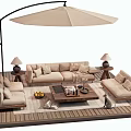 Outdoor Sofa on Wooden Deck with Sunshade Umbrella Coffee Table and Table Lamps