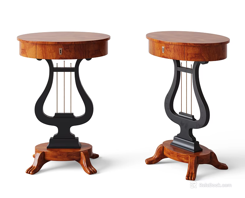 Pair of Brown Wooden Side Tables With Harp Shaped Black Base And Wooden Legs 3d model 