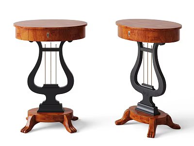 Pair of Brown Wooden Side Tables With Harp Shaped Black Base And Wooden Legs 3d model