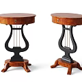 Pair of Brown Wooden Side Tables With Harp Shaped Black Base And Wooden Legs