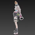 Woman With Rabbit Ears Holding Carrot Weapon In Black Top White Shorts Against Pink Background