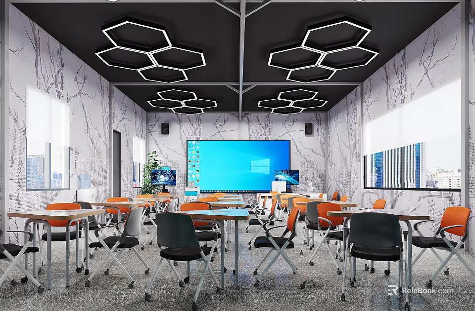 Modern School Classroom With Hexagonal Lights And Large Screen 3d model 