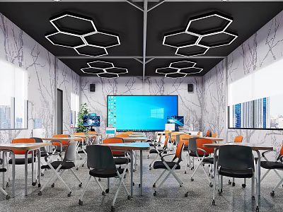 Modern School Classroom With Hexagonal Lights And Large Screen 3d model