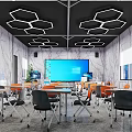 Modern School Classroom With Hexagonal Lights And Large Screen 3d model