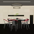 Modern Restaurant Interior With Round Table Red Chairs Hanging Lights And Green Plant Decor