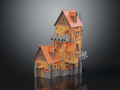 3D Model Of Multi Story Building With Pointed Roof Orange Brown Exterior And Stone Base 3d model