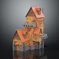 3D Model Of Multi Story Building With Pointed Roof Orange Brown Exterior And Stone Base
