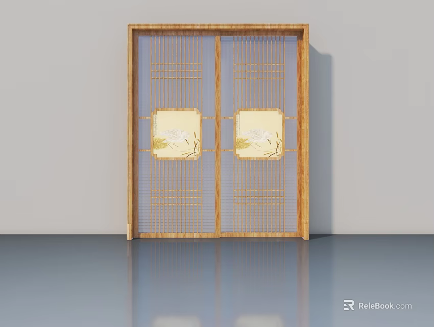 Double Panel Wooden Swing Door With Grid Pattern And Decorative Artwork 3d model