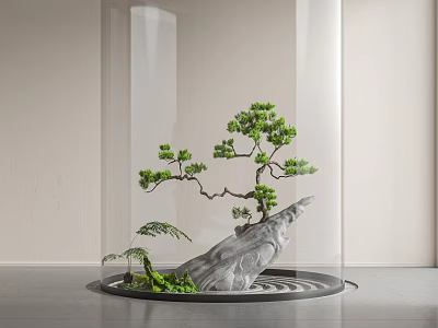 Delicate Miniature Garden Scene With Bonsai Pine Stone Glass Cover And Water Ripple Base 3d model