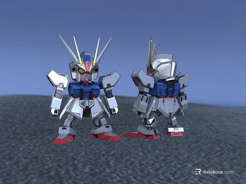 Two Robot Dolls With Silver Blue Red Bodies Yellow Antennas Standing On Gray Ground 3d model 