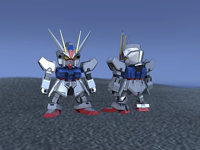 Two Robot Dolls With Silver Blue Red Bodies Yellow Antennas Standing On Gray Ground 3d model