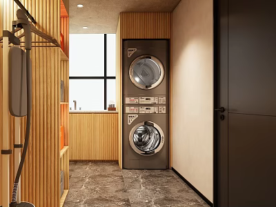 Modern Laundry Room Interior With Stacked Washing Machine Dryer And Wooden Cabinets 3d model