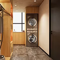 Modern Laundry Room Interior With Stacked Washing Machine Dryer And Wooden Cabinets