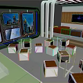 Modern Interior With Public Chairs Glass Tables TV Screens And Wooden Walls