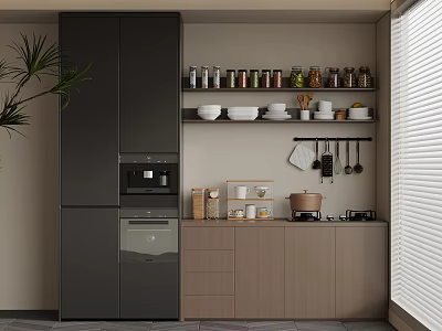 Modern Kitchen Interior With Black And Beige Cabinets Shelves Jars Bowls Coffee Machine And Oven 3d model