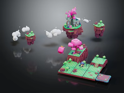 Cartoon Scene With Floating Islands Pink Castle Clouds Green Grass And Mushrooms 3d model