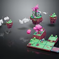 Cartoon Scene With Floating Islands Pink Castle Clouds Green Grass And Mushrooms