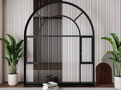 Black Arched Iron Screen With Potted Plants White Vertical Curtains Brown Chair And Books 3d model
