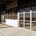 Shopping Mall Store Interior With Wooden Ceiling Large Windows Natural Light And Tables