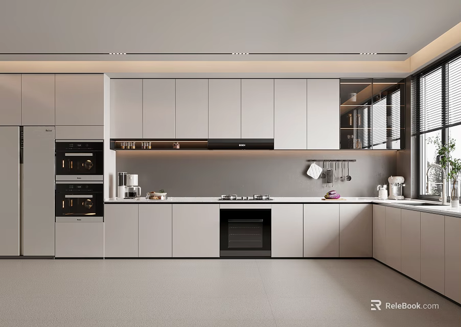 Modern Spacious Kitchen Interior With White Cabinets Sleek Countertop Large Windows And Appliances 3d model 