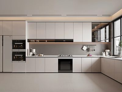 Modern Spacious Kitchen Interior With White Cabinets Sleek Countertop Large Windows And Appliances 3d model