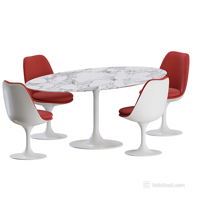 Modern Dining Table Set With Oval Marble Top White Legs And Red White Chairs 3d model 