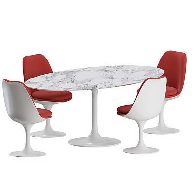 Modern Dining Table Set With Oval Marble Top White Legs And Red White Chairs 3d model