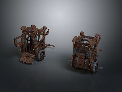 Two Ancient Style Wooden Block Chariots With Detailed Carriage And Wheels 3d model