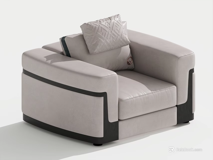 Modern Light Gray Single Seater Sofa with Decorative Pillow and Black Trim 3d model 