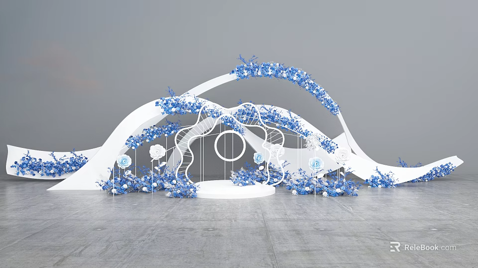 Blue And White Floral Art Installation With Curved Structures For Event Decoration 3d model 