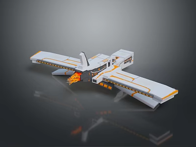 3D Rendered Futuristic White Orange Aircraft With Long Wings And Flame Thrusters 3d model