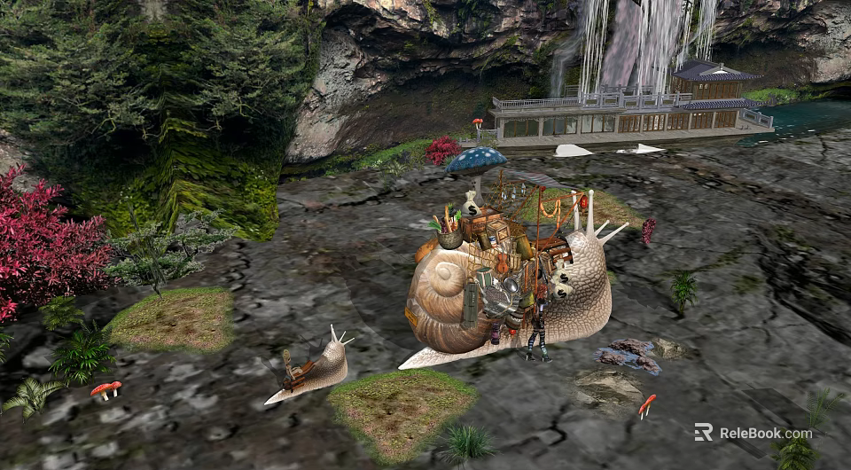 Cartoon Scene Featuring Giant Snail With House Small Snails Waterfall Bridge Green Plants And Puddles 3d model 