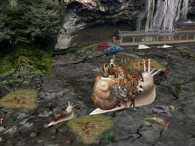 Cartoon Scene Featuring Giant Snail With House Small Snails Waterfall Bridge Green Plants And Puddles 3d model