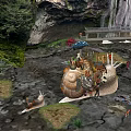 Cartoon Scene Featuring Giant Snail With House Small Snails Waterfall Bridge Green Plants And Puddles
