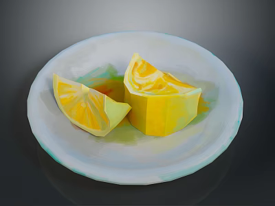 Fresh Lemon Slices Placed On White Ceramic Plate With Bright Yellow Hue 3d model