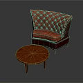 Red Tufted Leather Chair And Round Wooden Coffee Table With Wood Grain