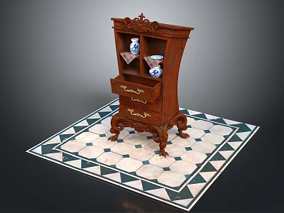 Antique Mahogany Carved Cabinet With Blue White Vases Ornaments On Geometric Floor Tile 3d model
