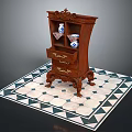 Antique Mahogany Carved Cabinet With Blue White Vases Ornaments On Geometric Floor Tile