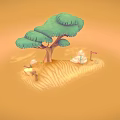 3D Render Green Canopy Tree With Brown Trunk In Sandy Terrain And Small Rocks 3d model