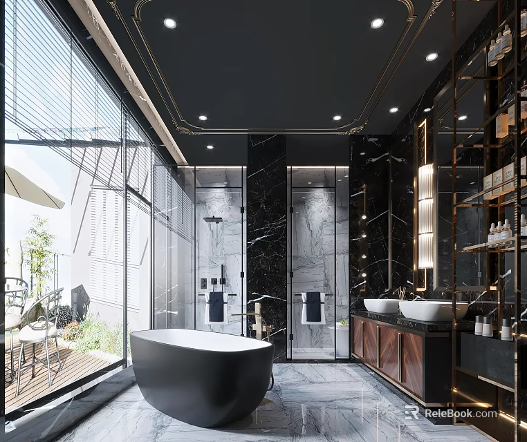 Luxury Modern Bathroom Interior With Freestanding Tub Double Sinks And Marble Wall And Floor Finishes 3d model 