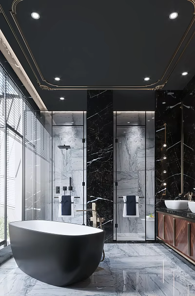 Luxury Modern Bathroom Interior With Freestanding Tub Double Sinks And Marble Wall And Floor Finishes 3d model