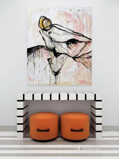 Black And White Striped Coffee Table With Abstract Painting Above And Orange Stools In Front 3d model 