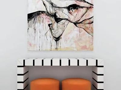 Black And White Striped Coffee Table With Abstract Painting Above And Orange Stools In Front 3d model