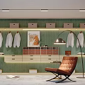 Modern Closet Interior Design With Green Wall Storage Boxes White Hanging Clothes And Brown Chair